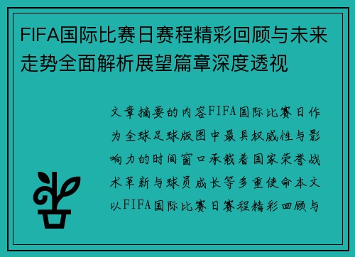 FIFA国际比赛日赛程精彩回顾与未来走势全面解析展望篇章深度透视