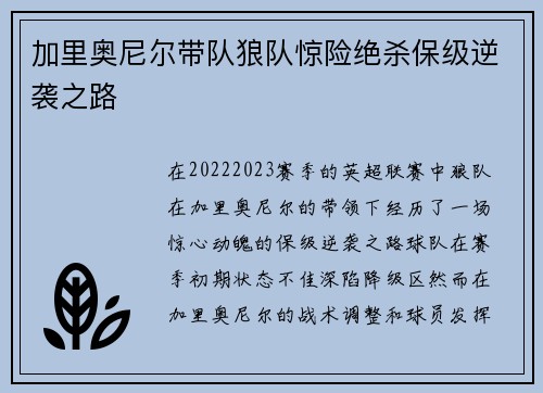 加里奥尼尔带队狼队惊险绝杀保级逆袭之路